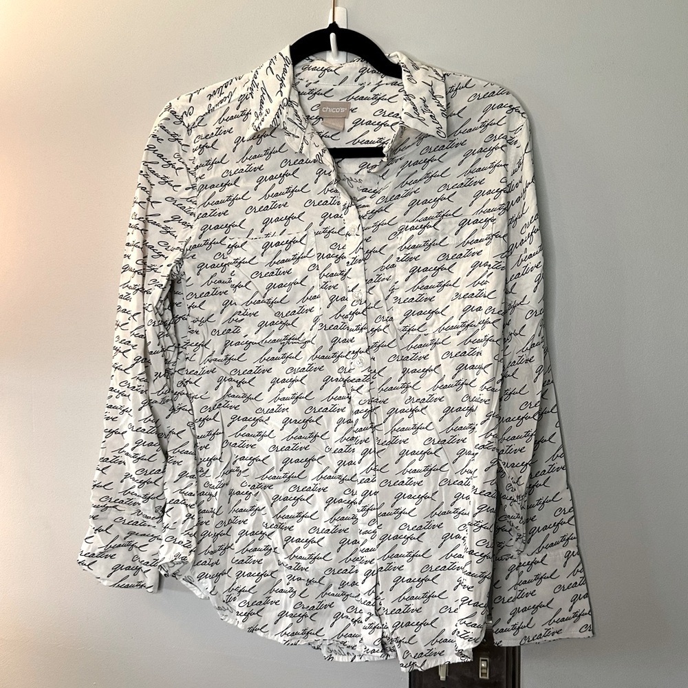women's black and white button down chico's scribble top 0